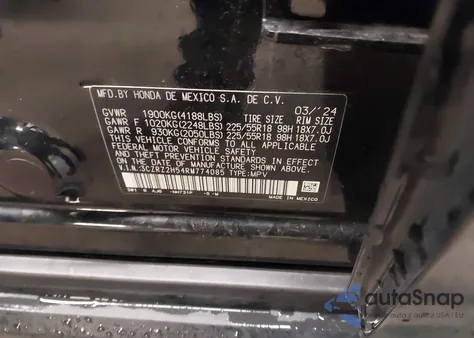 2024 Honda Hr-V Awd Sport/Awd Sport W/O Bsi из США, поврежденный, VIN 3CZRZ2H54RM774085